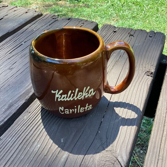 Kalileka Carileta Hawaii Brown Ceramic Tiki Mug Souvenir Coffee Cup - Picture 1 of 4